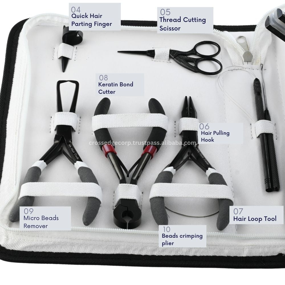 Black Hair extension tools including | 3 Hole Micro Beads & Nano Rings Plier Keratin | Bond Cutter