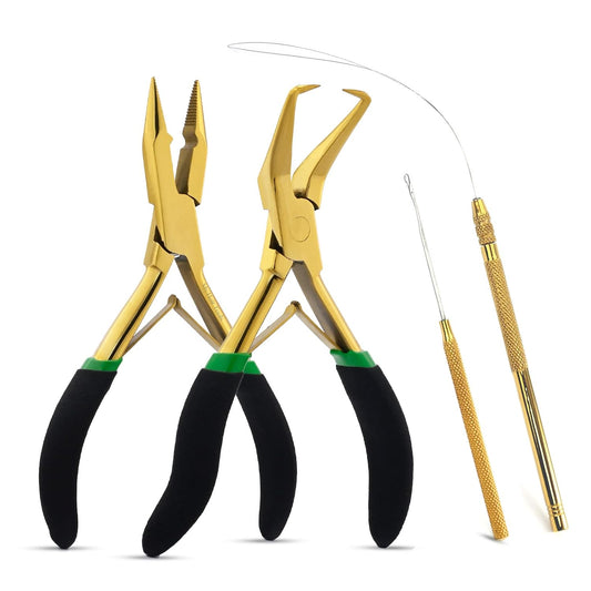 Gold Hair Extensions Remover Pliers set, Micro Beads Hair Pulling Hook & Microbead Loop Tool