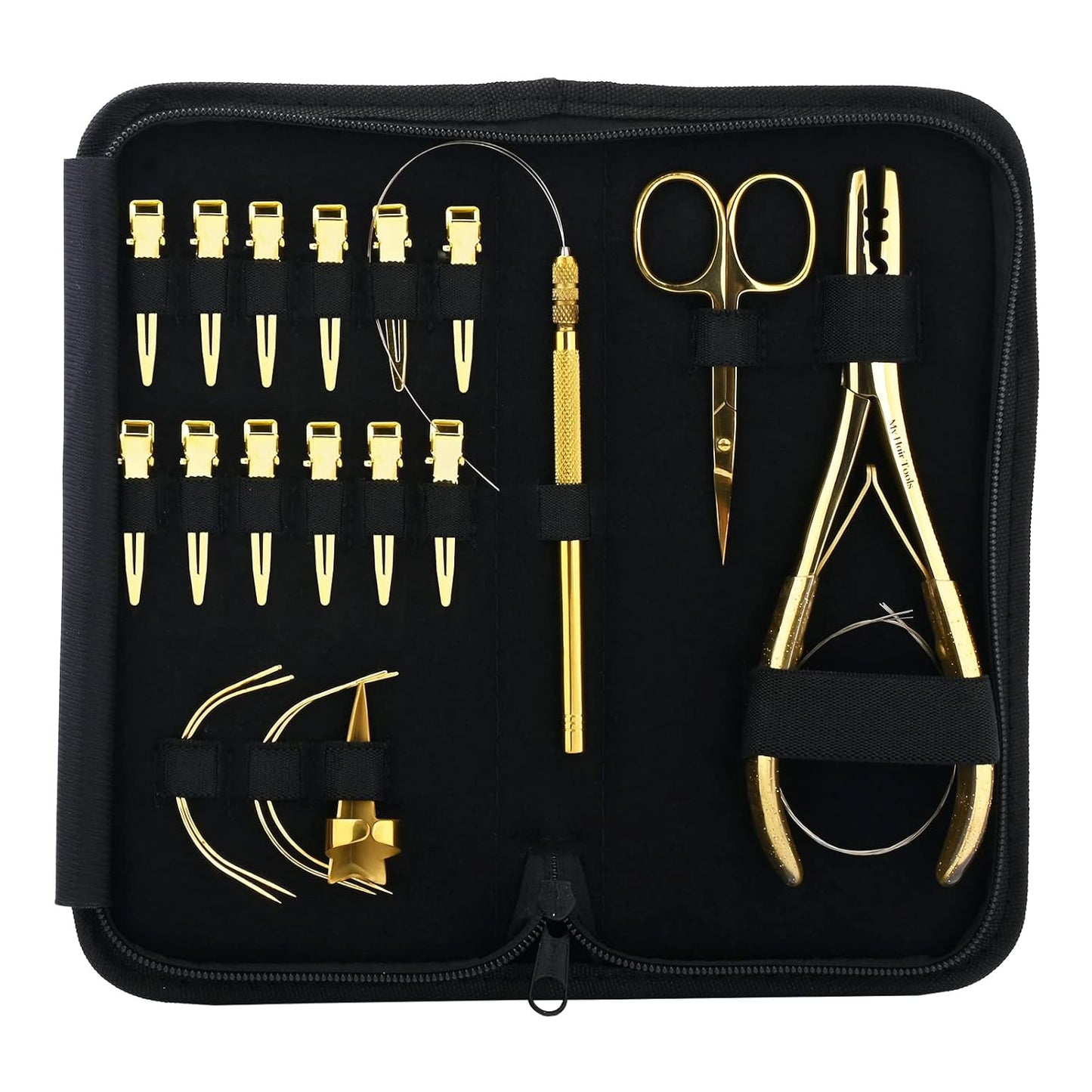 Pro Hair Extension Tools Kit with 2 Hole Microlink Crimping Plier, 12pcs Hair Clips, Hair Parting Tool