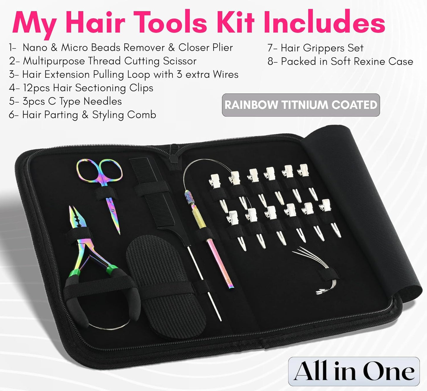 Pro Rainbow Hair Extension Tools Kit includes Nano Micro Beads Remover & Closer Plier, Mini Scissor