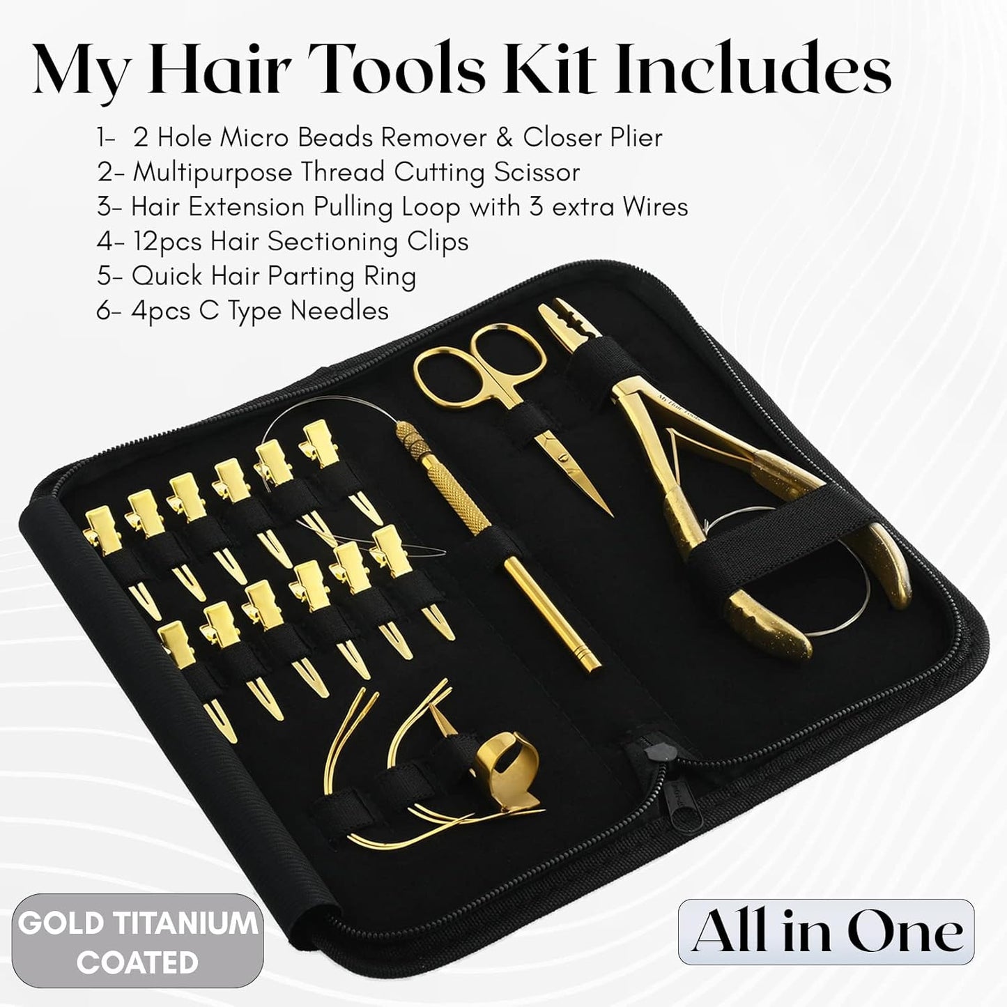 Pro Hair Extension Tools Kit with 2 Hole Microlink Crimping Plier, 12pcs Hair Clips, Hair Parting Tool