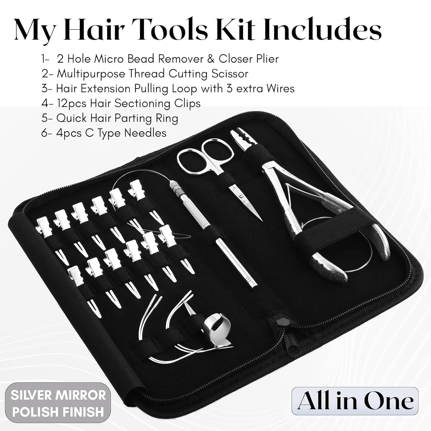 Hair Extension Tools Kit  Microlink Crimping Plier, 12pcs Hair Clips  C Needles Pulling Hook for Micro Beads Hair Extensions