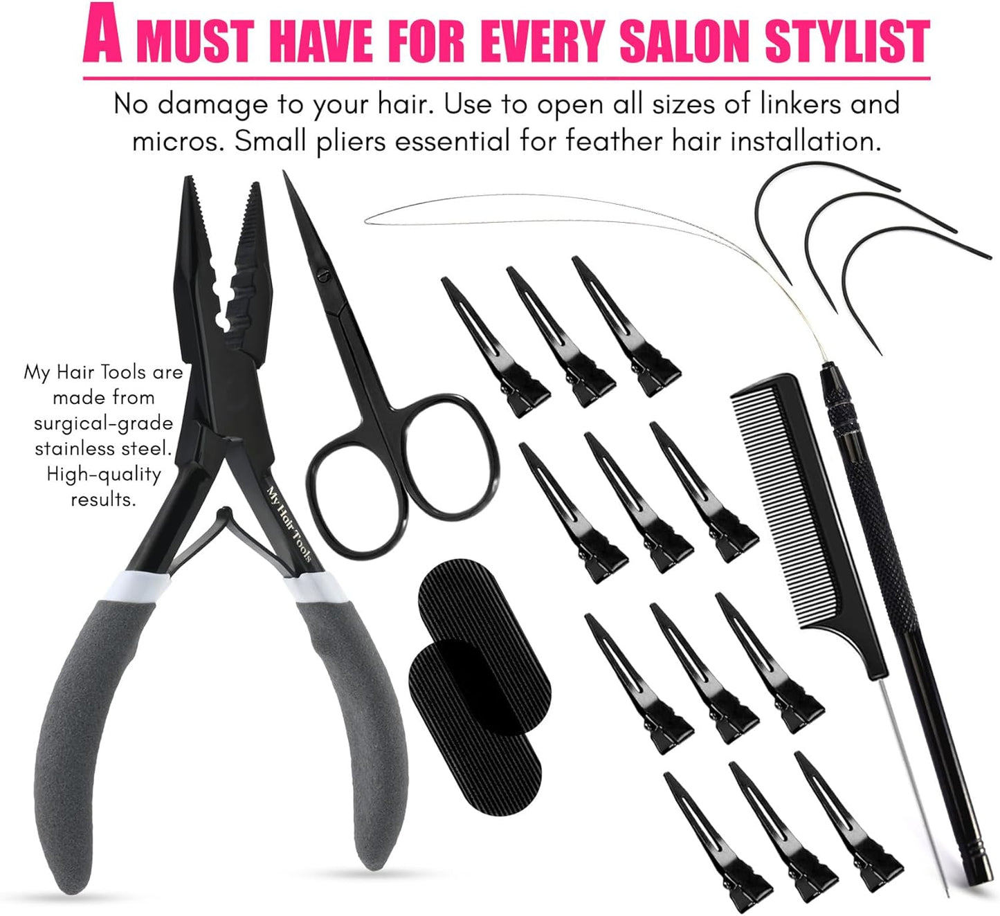 Hair Extension Tools Kit Mini Scissor, Micro Link Extension Loop Tool, Hair Grippers Set,