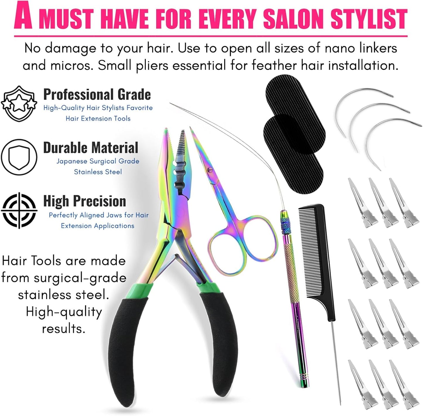 Pro Rainbow Hair Extension Tools Kit includes Nano Micro Beads Remover & Closer Plier, Mini Scissor